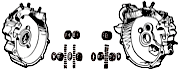 queue vilebrequin côté primaire Big Twin 1930-57; côté distribution Big Twin 1958-86; arbre principal côté gauche modèles IOE 1925-1928 et V 1930-1936; arbre principal côté droit monocylindriques, modèles D et R 1926-1934; moyeux Star →1966