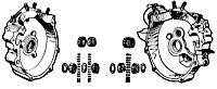 queue vilebrequin côté primaire Big Twin 1930-57; côté distribution Big Twin 1958-86; arbre principal côté gauche modèles IOE 1925-1928 et V 1930-1936; arbre principal côté droit monocylindriques, modèles D et R 1926-1934; moyeux Star →1966