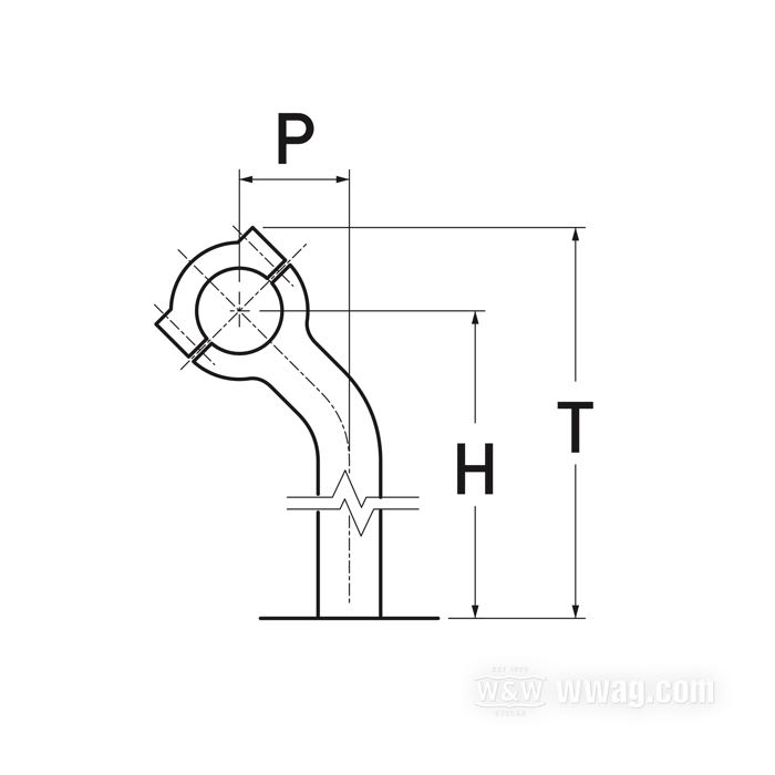 Risers »Pullback« by Ritz; external wiring; billet aluminum, polished; thread: M12; for handlebar Ø: 1 ”; measures according to drawing: P-pullback = 45 mm; measures according to drawing: H-mounting height=100 mm, T-total height=127 mm; with M12 bolts; with parts certificate; Germany; gross weight: 780 g