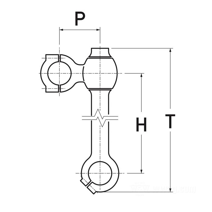 Risers »Flanders Dog Bone«; laiton / acier, naturel; pour guidons du Ø: 1 ”; mésures selon croquis: P-déport à l'arrière = 37 mm; mésures selon croquis: H-hauteur de montage=51 mm, T-hauteur général=95 mm; poids brut: 1.65 kg