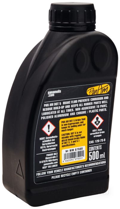 Brake fluid »DOT 5« by PanAm; 500 ml; replaces OEM HD 99902-77, and 41800220; gross weight: 520 g