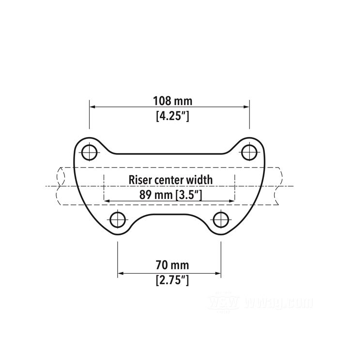 Risers; for 1/2” hex head bolts and 5/16” bolts; fits FLH 1980-1984; riser distance 3-1/2” (= 89 mm); zinc die-cast, chrome-plated; measures according to drawing: H-mounting height=43 mm; length ℓ for riser bolt shaft: 21 mm; replaces OEM HD 55940-79A, 55941-79A, 55940-82, and 55941-82; gross weight: 300 g
