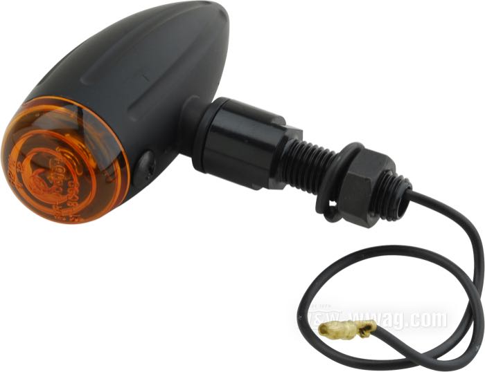 Blinker (einzeln) »Micro Bullet«; Aluminium, schwarz, mit Fräsung; Ø 27 mm; Glühlampen-Typ: H21W; Linse: bernstein; Gewinde: M10; Sockel: BAY9s; E11 geprüft; Bruttogewicht: 130 g