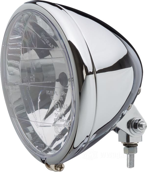 Faro completo »Phantom«; acero, cromado; fondo: 130 mm; Ø 179 mm; para óptica (Ø): 6-1/2”; tipo de bombilla: H4 / W5W; 12 V; 60/55 W; casquillo: P43t / W2.1x9.5d; con bombilla 12 V; con lente incolora y reflector faceteado; con bloque de montaje; con función de luz de posición; homologado E4; peso bruto: 1.14 kg