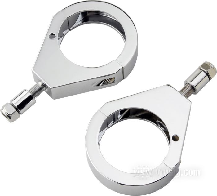 Abrazadera de montaje; para Intermitentes / Tubos de horquilla; aluminio macizo, cromado; alto: 19 mm; Ø 49 mm; con tornillos de montaje 5/16”-24 x 1”, tornillos de apriete 8-32 x 5/8”; peso bruto: 367 g