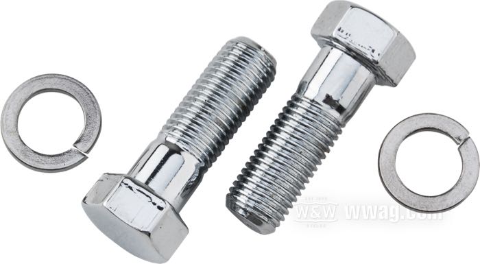 Kit bulloni di Colony; per Manubrio; atto per Big Twin 1936-1948, 45” 1940-1957; acciaio, cromato; lunghezza: 1-5/16”; filettatura: 7/16”-20; con rondelle spaccate; rimpiazza OEM HD 4636; U.S.A.; peso lordo: 80 g