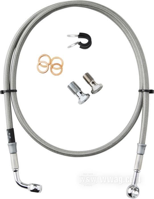 Brake line kit by Goodridge; fits FLSTF 1990-2002; stainless steel / PTFE liner, braided clear coat, banjo 7/16” → banjo 3/8” 70°; length: 105 cm; position: front; with parts certificate; gross weight: 250 g