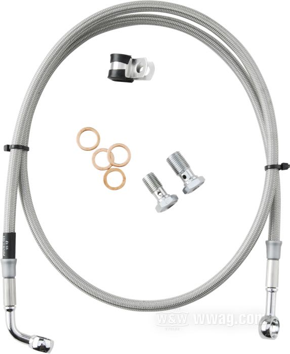 Brake line kit by Goodridge; fits FLSTC 1987-2001; stainless steel / PTFE liner, braided clear coat, banjo 7/16” → banjo 3/8” 70°; length: 107 cm; position: front; with parts certificate; gross weight: 250 g