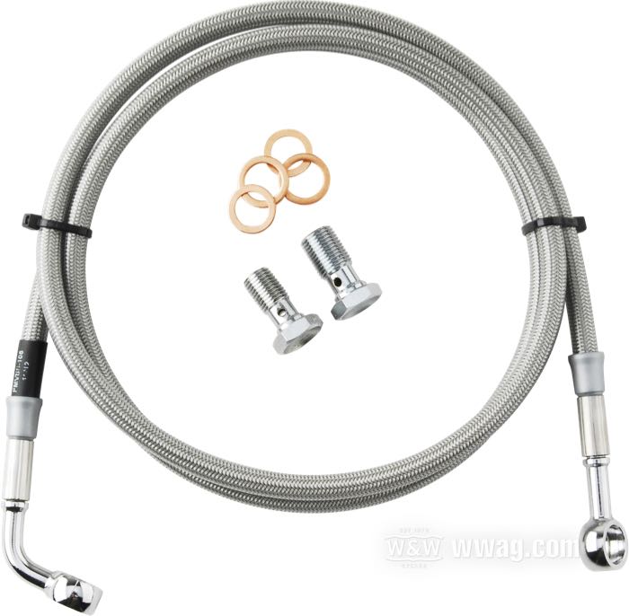 Brake line kit by Goodridge; fits FXSTS 1987-2002; stainless steel / PTFE liner, braided clear coat, banjo 7/16” → banjo 3/8” 70°; length: 130 cm; position: front; with parts certificate; gross weight: 270 g