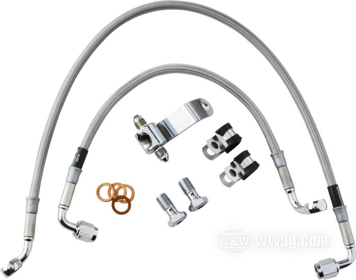 Brake line kit by Goodridge; fits FLHR 1994-1996; 30 cm + 53 cm; stainless steel / PTFE liner, braided clear coat, two lines with 3/8” 90° banjo, with T connector for brake-light switch; position: rear; with parts certificate; gross weight: 330 g