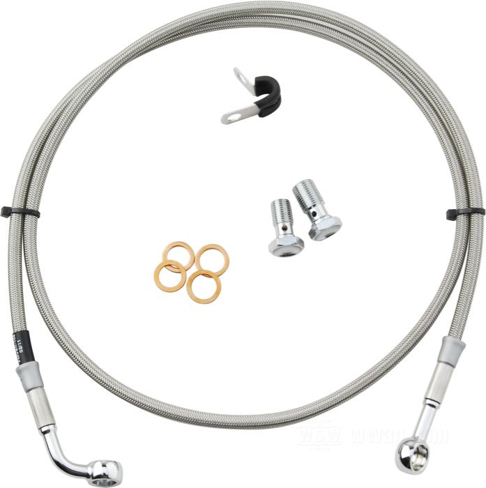 Brake line kit by Goodridge; fits FXDWG 1993-2005; stainless steel / PTFE liner, braided steel, banjo 7/16” → banjo 3/8” 70°; length: 118 cm; position: front; with parts certificate; gross weight: 200 g