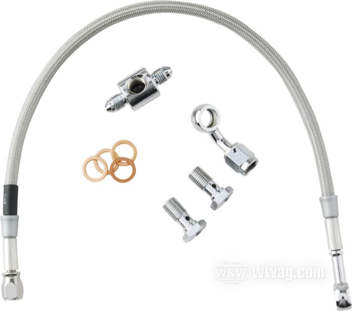 Brake line kit by Goodridge; fits FXDWG 1993-2007; stainless steel / PTFE liner, braided clear coat, banjo 3/8” 0° → banjo 3/8” 45°, with T connector for brake-light switch; length: 48 cm; position: rear; with parts certificate; gross weight: 250 g