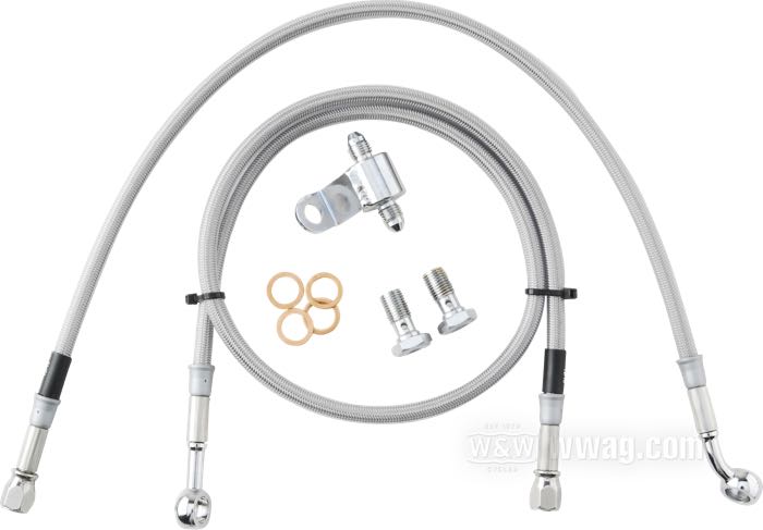 Brake line kit by Goodridge; fits FLSTC 1987-1997; stainless steel / PTFE liner, braided clear coat, banjo 3/8” 0° → banjo 3/8” 45°, with T connector for brake-light switch; length: 131.5 cm; position: rear; with parts certificate; gross weight: 331 g