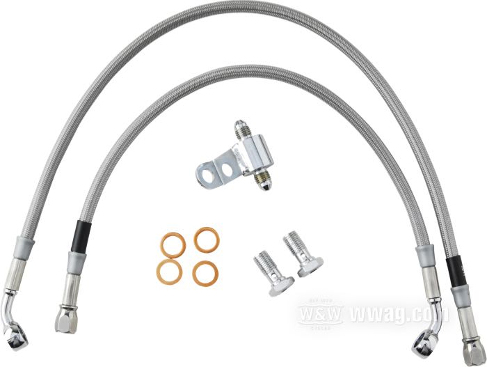 Brake line kit by Goodridge; fits FXST 1984-1995; stainless steel / PTFE liner, braided clear coat, with T connector for brake-light switch; length: 93 cm; position: rear; with 2 x banjo 3/8” 45°; with parts certificate; gross weight: 320 g