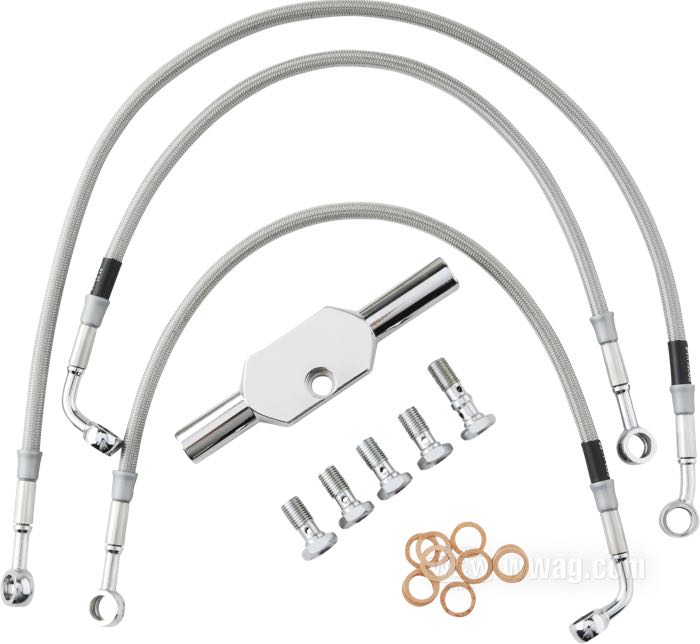 Brake line kit by Goodridge; fits FLHR 1994-2007; 60 cm + 2 x 43 cm; stainless steel / PTFE liner, braided clear coat, top-line: banjos 3/8” + 3/8”, lower lines: banjos 3/8” + 3/8” 70°, with special aluminum T; position: front; with parts certificate; gross weight: 490 g