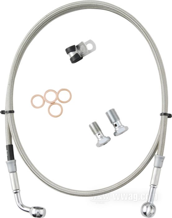 Brake line kit by Goodridge; fits FLST 1986-1999; stainless steel / PTFE liner, braided steel, banjo 7/16” → banjo 3/8” 70°; length: 107 cm; position: front; with parts certificate; gross weight: 320 g