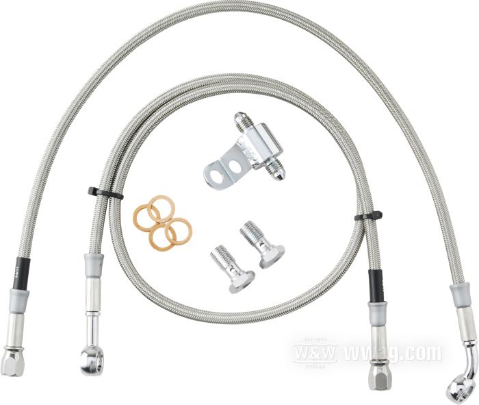 Kit de durites frein de Goodridge; adaptable à FLSTC 1987-1997; acier inox / tube intérieur en PTFE, tressé en acier, banjo 3/8” 0° → banjo 3/8” 45°, avec té pour commutateur feu stop; longueur: 131.5 cm; position: arrière; certifié; poids brut: 320 g