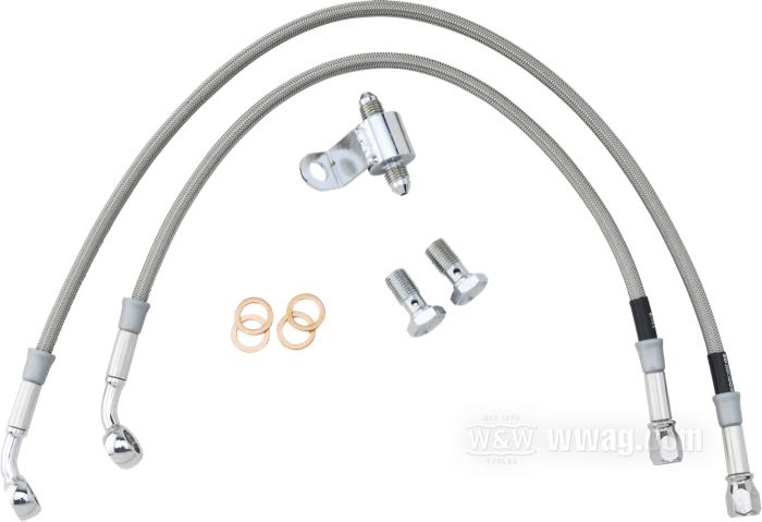 Brake line kit by Goodridge; fits FXSTS 1987-1997; stainless steel / PTFE liner, braided steel, 2 x banjo 3/8” 45°, with T connector for brake-light switch; length: 93 cm; position: rear; with parts certificate; gross weight: 260 g