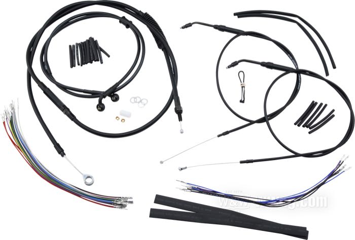 Kit di cavi e condotto freno di Burly Brand; atto per Sportster 2007-2013 (senza ABS); un solo disco; acciaio / vinile / rame / plastica, nero, satinato; altezza massima del manubrio: 30 cm; cavo frizione (cavo interno): 178 cm; cavo accel./chius. (cavo interno): 115 cm; condotto freno (centro banjo → centro banjo): 124 cm; cabblaggi: 33.5 cm; con istruzioni; senza marchio omologazione; peso lordo: 1.24 kg