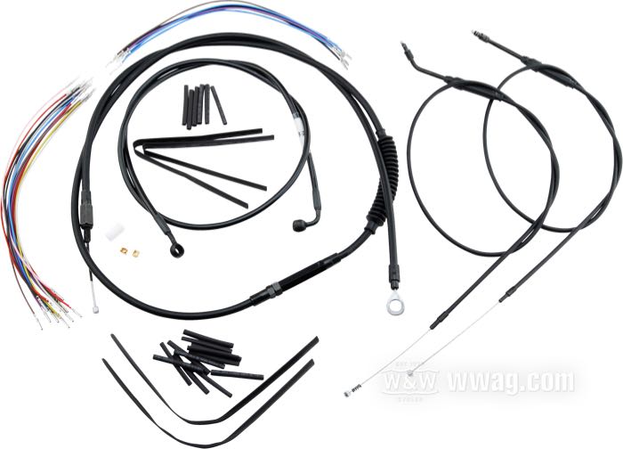 Kit di cavi e condotto freno di Burly Brand; atto per Dyna 2006; un solo disco; acciaio / vinile / rame / plastica, nero, satinato; altezza massima del manubrio: 35 cm; cavo frizione (cavo interno): 196 cm; cavo accel./chius. (cavo interno): 120 cm; condotto freno (centro banjo → centro banjo): 127 cm; cabblaggi: 33 cm; con istruzioni; senza marchio omologazione; peso lordo: 1.32 kg