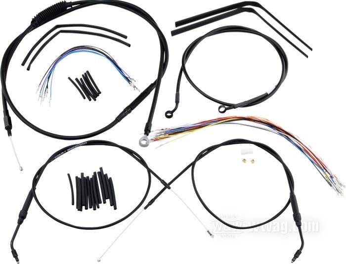 Kit di cavi e condotto freno di Burly Brand; atto per Dyna 2007-2011 (senza ABS); un solo disco; acciaio / vinile / rame / plastica, nero, satinato; altezza massima del manubrio: 40 cm; cavo frizione (cavo interno): 203 cm; cavo accel./chius. (cavo interno): 122 cm; condotto freno (centro banjo → centro banjo): 132 cm; cabblaggi: 33 cm; con istruzioni; senza marchio omologazione; peso lordo: 1.33 kg