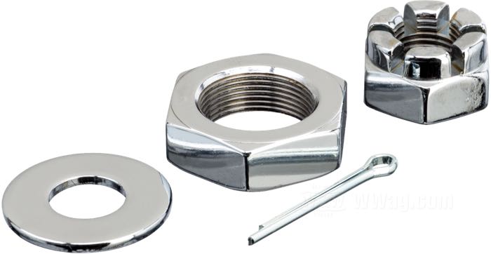 Achsmutternkit; passend für Big Twin 1946-1971; Stahl, verchromt, mit Splint und Achsbuchsenmutter; Gewinde: 1/2”-20 / 13/16”-24; Montageposition: vorne; ersetzt OEM HD 534, 6591, 7923 und 43886-30; Bruttogewicht: 80 g