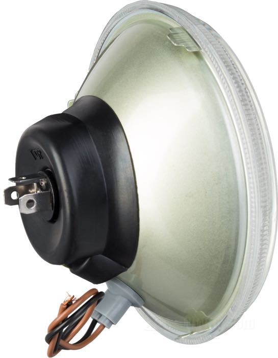 Headlight insert »H4 + Parking«; for left-hand traffic; steel / glass, fluted; Ø 5-3/4”; bulb type: H4 / W5W; 12 V; 60/55 W + 4 W; socket: P43t / W2.1x9.5d; with 12 V bulb; with position light function; replaces OEM HD 67696-81A, 67698-81B, and 67757-92; E4 approved; gross weight: 435 g