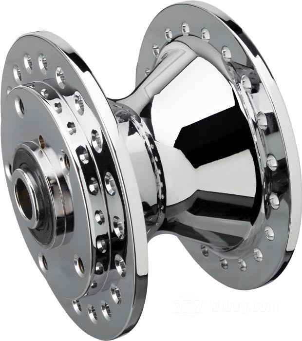 Front hub »Narrow«; fits FX, FXR, Dyna, Sportster 1984-1999 (not FX(D)WG, FXST); aluminum, chrome-plated; Ø centering collar: 50 mm; dual flange 5/16”-18 threads; matching axle Ø: 3/4 ”; with all internal parts; replaces OEM HD 43619-84; gross weight: 2.34 kg
