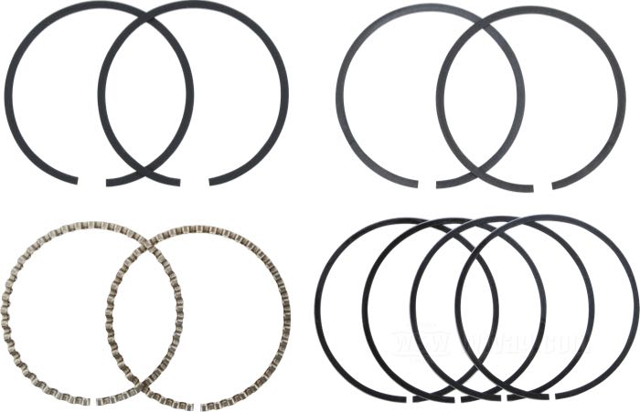 Set fasce pistone di S&S; atto per OHV 1936-1984; Pistone forgiato; ghisa / acciaio, fasce di tenuta con bordi a molibdeno; taglia: +0.000 ”; alesaggio nominale: 3-5/8 ”; altezza fascia compressione: 1.5 mm; altezza fascia olio: 4.7 mm; peso lordo: 103 g