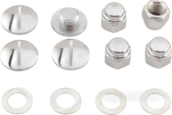 Kit bulloni »OEM Style Special« di Colony; per Albero bilanciere; atto per Shovelhead 1971-1984, Sportster 1971-1985; Viti stile primo con filetto stile tardo; acciaio, cromato; testa con intaglio; filettatura: 1/2”-20; con ciascuno composto di 4 viti, dadi e rondelle rispett; rimpiazza OEM HD 7875, 6466W e 17448-71; U.S.A.; peso lordo: 134 g