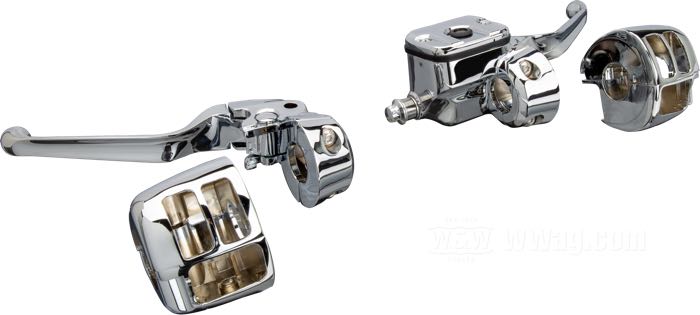 Handlebar controls; for dual disc; fits Touring 1996-2004, FXDL and FXDS 1996-2001, FXDX(T) 1999-2005, Sportster 1200S 1996-2003, Sportster 883 R 2002-2003; cast aluminum, chrome-plated; piston Ø: 11/16” (17.5 mm); required brake fluid: DOT 5; gross weight: 1.73 kg