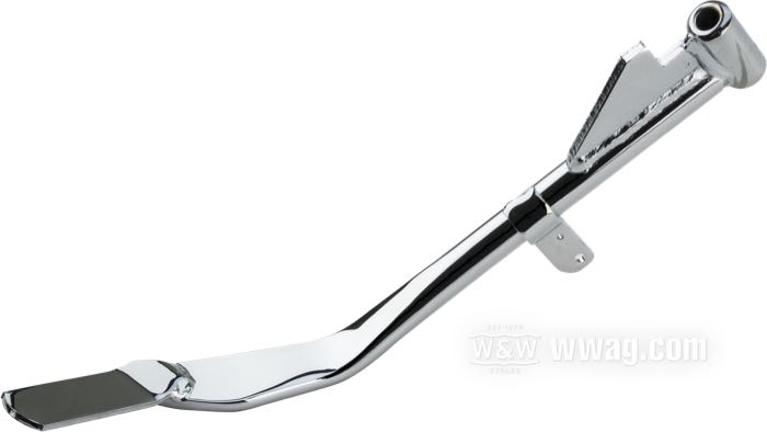 Caballete »extremo plano«; apropiado para Sportster 2004-2011, salvo 883R; acero, cromado, longitud original; Longitud según el dibujo: 22 cm; reemplaza OEM HD 50185-04; ADVERTENCIA: No encaja en modelos 2008→ con interruptor de seguridad de caballete lateral.; peso bruto: 630 g