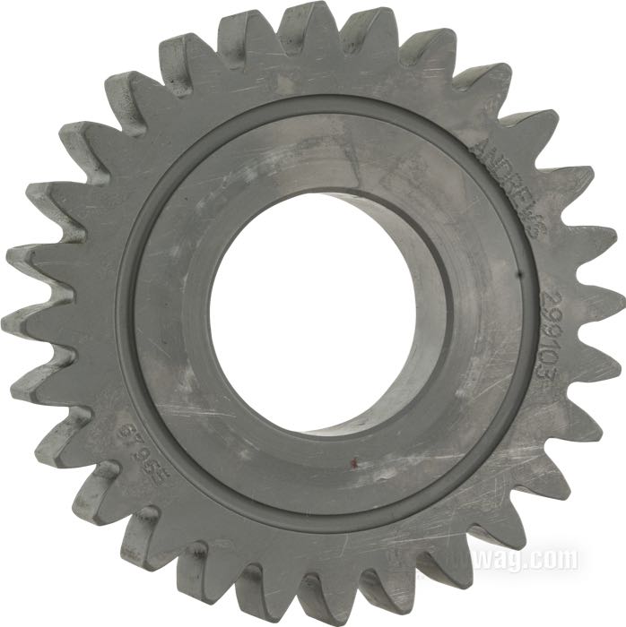 Pignon de Andrews; pour 3e sur l'arbre principal, 2e sur l'arbre secondaire; adaptable à Sportster 1991-1993; acier; nombre de dents: 28; remplace OEM HD 35772-89; poids brut: 420 g