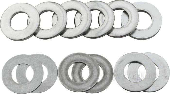Rondella spessore di S&S; per Piastra supporto; atto per Sportster 1991-2020, Big Twin 1993-1999, Buell 1994→; acciaio inox, contenuto: 4 x 3.2 mm (.125”), 2 x 2.6 mm (.100”), 2 x 1.2 mm (.050”), 2 x 0.9 mm (.035”), 2 x 0.5 mm (.020”); peso lordo: 60 g