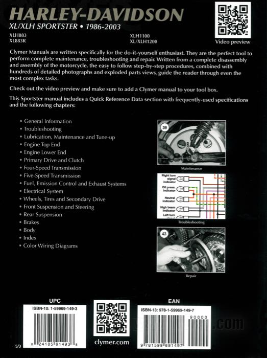Manuale di servizio; atto per Sportster 1986-2003; carta; larghezza x altezza: 210 x 275 mm; di Clymer Staff; copertina morbida; bianco e nero; 640 pagine; inglese; ISBN: 978-1-59969-149-7; peso lordo: 1.06 kg