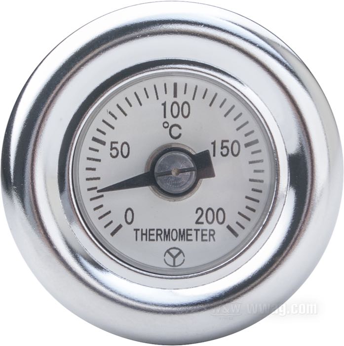 Indicatore temperatura olio; per serbatoi originali e d’accessorio con bocchettone laterale; atto per FXST e FLST 1984-1999; acciaio / gomma / vetro acrilico, cromato, scala Celsius; quadrante: bianco; lunghezza asta (M): 68 mm; rimpiazza OEM HD 62634-84; peso lordo: 80 g