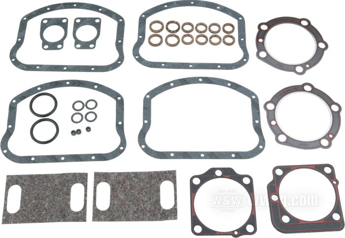 Gasket kit by James Gaskets; for Cylinder head; fits Panhead 1948-1965; paper / rubber / steel, with Firering head gaskets and foamet base gaskets; nominal bore: 3-5/16 ” / 3-7/16 ”; replaces OEM HD 17034-48; USA; gross weight: 275 g