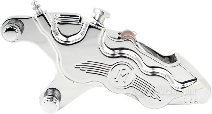 Brake caliper »112x6B DBO« by Performance Machine; fits Sportster and Softail exc. Springer  2000-2017, Touring 2000-2007, Dyna 2000-2005, VRSCR 2002-2005; billet aluminum, chrome-plated, distance mounting holes: 70 mm (center to center); position: front left; piston Ø: 7/8” (22.23 mm) + 1-3/8” (25.40 mm) + 1-1/8” (28.58 mm); required brake fluid: DOT 4 or 5; for brake disc: 11.5 ”; with parts certificate; USA; gross weight: 1.28 kg