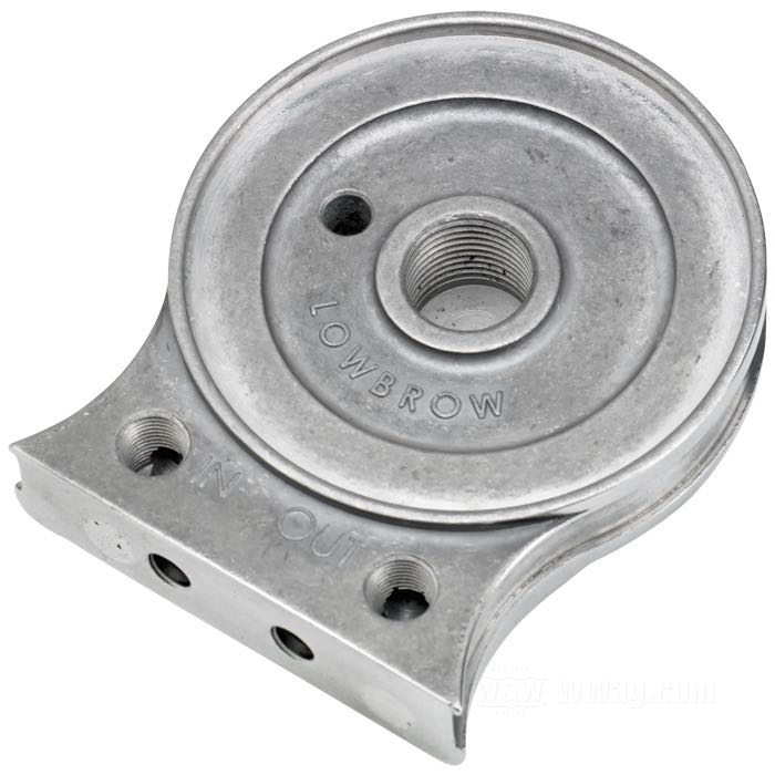 Soporte »FiltroMax« de Lowbrow Customs; para Filtro de aceite; aluminio fundido, pulido; rosca para filtrante de aceite: 3/4”-16; con tornillos; con Racores de tubo de aceite; peso bruto: 183 g