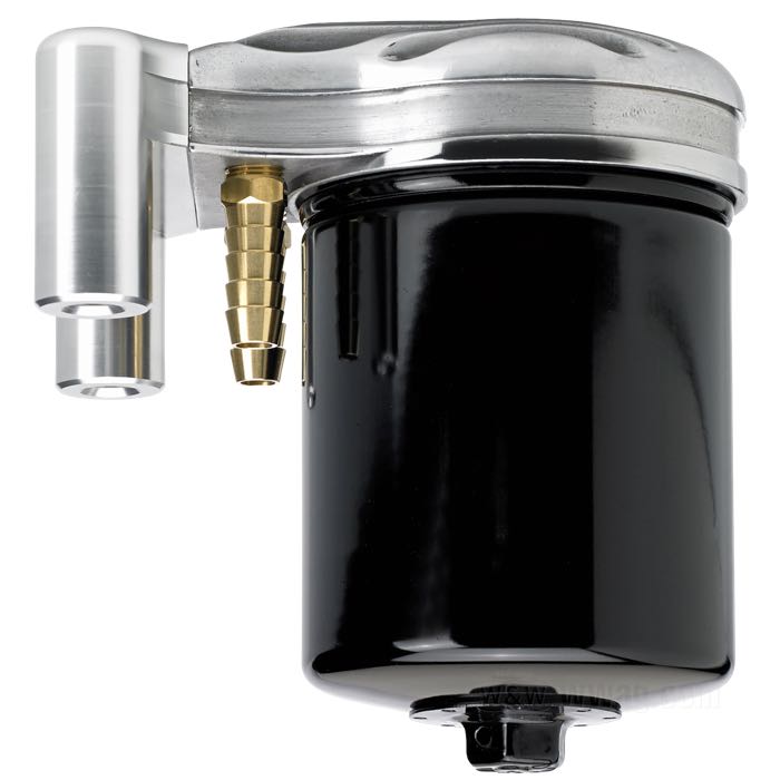 Soporte »FiltroMax« de Lowbrow Customs; para Filtro de aceite; aluminio fundido, pulido; rosca para filtrante de aceite: 3/4”-16; con tornillos; con Racores de tubo de aceite; peso bruto: 183 g