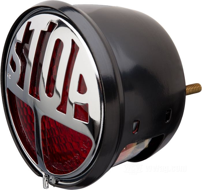 Taillight »Stop«; steel, black, chromed “Stop” lens grill; depth: 48 mm; Ø 68 mm; bulb type: LED; 12 V; with LED; without mounting block; with stop light; with license illumination; E4 approved; gross weight: 150 g
