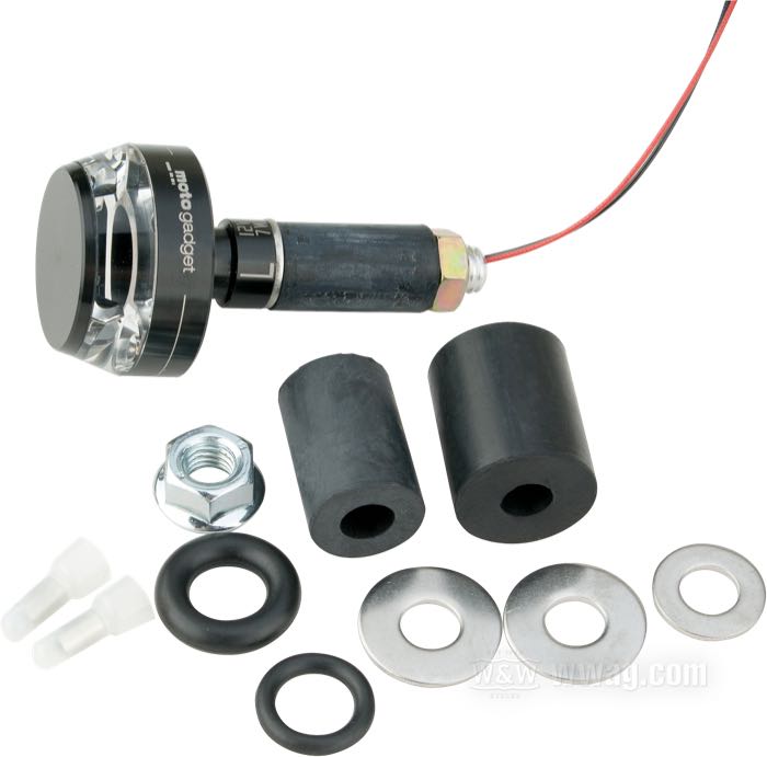 Clignotant »mo.blaze Disc« de motogadget; gauche; alu billet / verre, anodisé noir; longueur: 19.5 mm; Ø 35 mm; poids net: 40 g; cabochon: clair; 12 V; 7 W; avec LED; avec Fils électriques 100 cm et des petites pièces; homologué E1; Allemagne; poids brut: 107 g