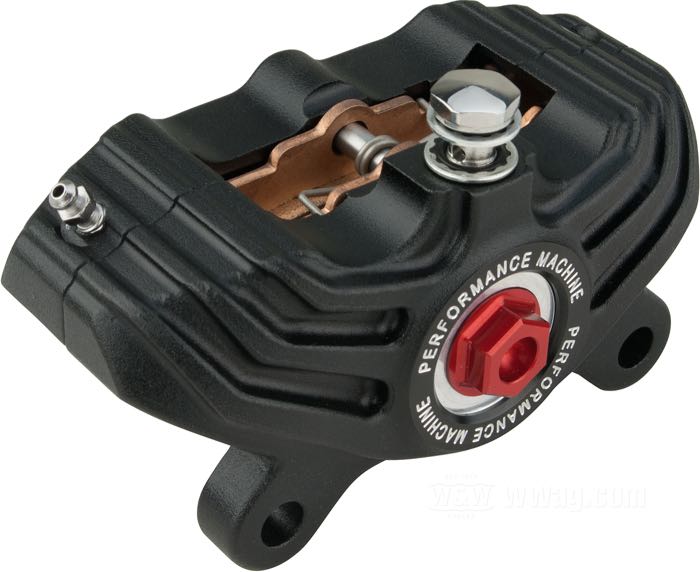 Brake caliper »Vintage« by Performance Machine; cast aluminum, black OPS, mounting holes ctr to ctr: 89 mm; L x W x H: 140 x 70 x 75 mm; position: front and rear; piston Ø: 1-1/4” (31.75 mm); required brake fluid: DOT 4 or 5; with Shims; USA; gross weight: 1.09 kg
