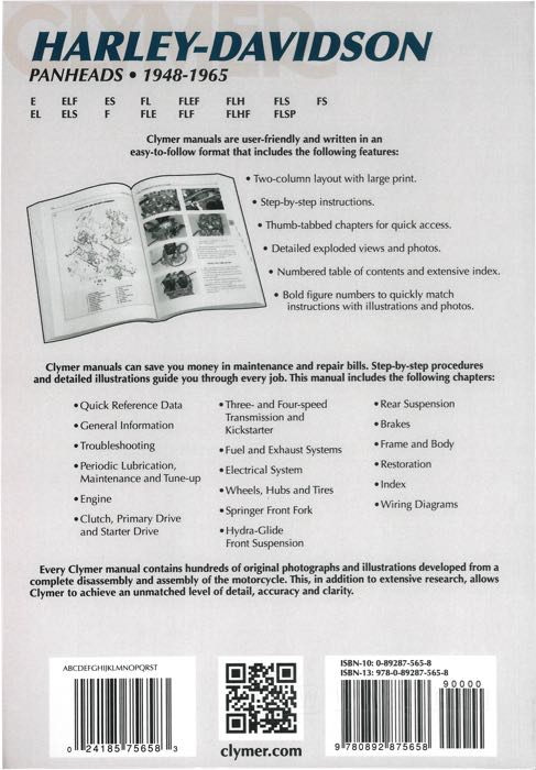 Manual de taller; apropiado para Panhead 1948-1965; papel; ancho x alto: 210 x 275 mm; de Clymer Staff; encuadernación rústica; blanco y negro; 528 páginas; inglés; ISBN: 978-0-89287-565-8; peso bruto: 910 g