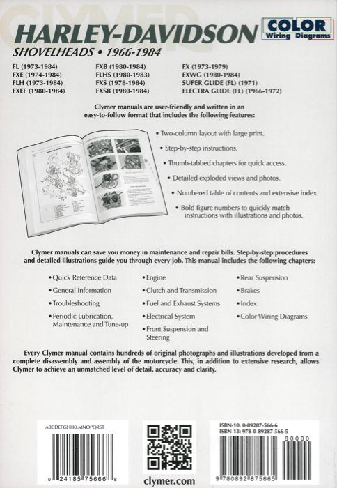 Werkstatthandbuch; passend für Shovelhead 1966-1984; Papier; Breite x Höhe: 210 x 275 mm; von Clymer Staff; Softcover; schwarz-weiß; 419 Seiten; englisch; ISBN: 978-0-89287-566-5; Bruttogewicht: 780 g