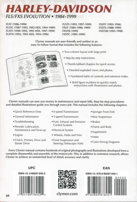 Service manual; fits Softail 1984-1999; paper; width x height: 210 x 275 mm; by Clymer Staff; softcover; black and white; 639 pages; English; ISBN: 978-0-89287-845-1; gross weight: 960 g