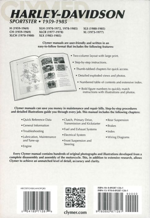 Service manual; fits Sportster 1959-1985; paper; width x height: 210 x 275 mm; by Clymer Staff; softcover; black and white; 373 pages; English; ISBN: 978-0-89287-126-1; gross weight: 680 g