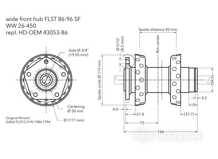 Vorderrad-Nabe »breit«; passend für Softail FLST/C/F/N/S 1986-1999; Stahl, verchromt; Ø Zentrierbund: 50 mm; Einzelflansch 5/16” Bohrungen; passende Radachse Ø: 3/4 ”; Montageposition: vorne; mit allen Innereien; ersetzt OEM HD 43053-86; Bruttogewicht: 3.29 kg