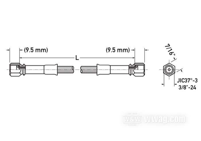 Condotto di freno di Goodridge; acciaio inox / condotto interiore di PTFE, senza rivestimento; lunghezza: 20 cm; chiave: 7/16 ”; filetto raccordo: 2 x JIC 37°-3 3/8”; certificato; peso lordo: 40 g