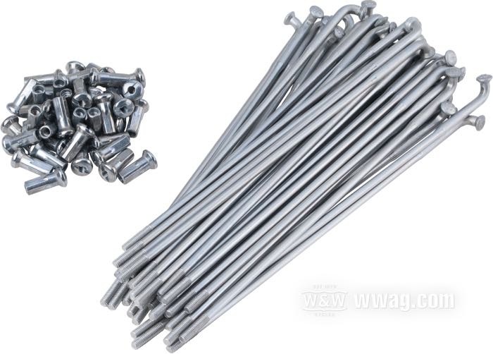 Speichensatz von WWS; Stahl, CAD (ZnNi Verfahren); Länge L1: 208 mm; Durchmesser D1: 5 mm; Durchmesser D2: 4 mm; Winkel α: 104 °; Gewinde: M4.5; für breite Radnabe; für 18